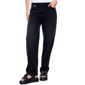 Black Denim Medium Waist Wide Leg Jeans Con Pretina Lateral