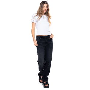 Black Denim Medium Waist Wide Leg Jeans Con Pretina Lateral