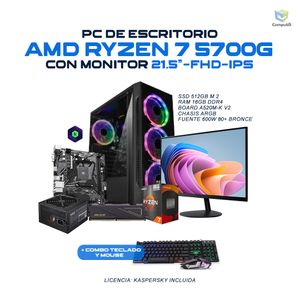Computador GAMER AMD Ryzen 7 5700G 16GB 512GB - Monitor Acer 21.5