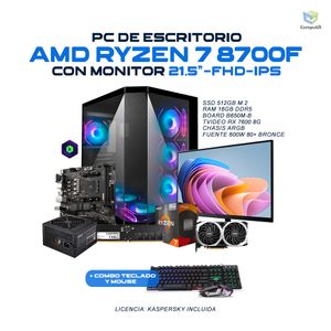 Computador GAMER AMD Ryzen 7 8700F RX 7600 8GB 16GB 512GB - Monitor Acer 21.5