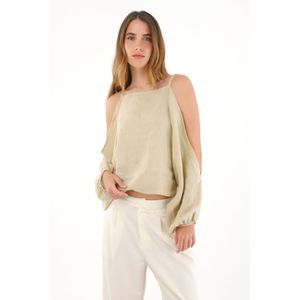 Camisa manga larga en 100% lino café para mujer