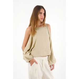 Camisa manga larga en 100% lino café para mujer