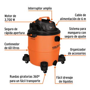Aspiradora de sólidos y líquidos, 16 gal,  plástica, Truper