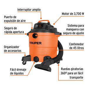 Aspiradora de sólidos y líquidos, 12 gal,  plástica, Truper