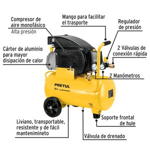Compresor lubricado, 20L, 2-1/2HP,  horizontal, 127V, PRETUL