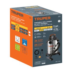 Aspiradora de sólidos y líquidos, 5 gal,  acero inox, Truper