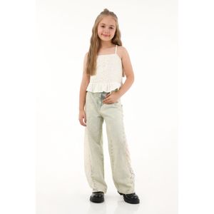 Jean Wide Leg tiro alto con detalles de encaje azul para niña