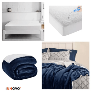 Combo Protector De Colchón Antifluido + Cobija Térmica Ovejera Doble Faz 180 X 240 Azul Innovo Home