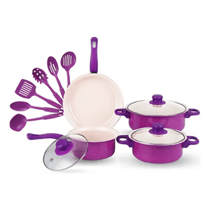 Juego De Ollas Con Tapa Vidrio Esmaltada Con Utensilios 13 Piezas Morado Innovo Home