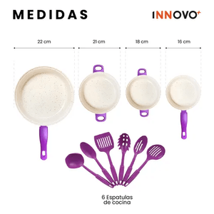Juego De Ollas Con Tapa Vidrio Esmaltada Con Utensilios 13 Piezas Morado Innovo Home
