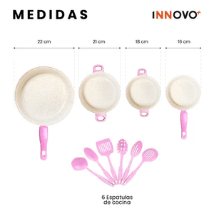 Juego De Ollas Con Tapa Vidrio Esmaltada Con Utensilios 13 Piezas Rosado Innovo Home