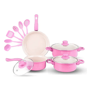 Juego De Ollas Con Tapa Vidrio Esmaltada Con Utensilios 13 Piezas Rosado Innovo Home