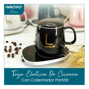 Taza Mug Pocillo Cerámica Base Electrica Calentadora Bebidas Cuchara Negro Innovo Home