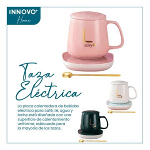 Taza Mug Pocillo Cerámico Base Electrica Calentadora Bebidas Cuchara Innovo Home Rosa