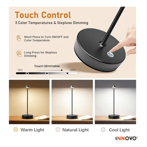 Lámpara Táctil De Mesa Pico Metálica De Lujo Recargable 3 Tonos Led Innovo Home Negra