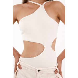 Body asimétrico en rib crudo para mujer