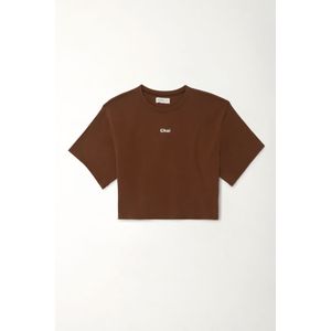 Camiseta Boxy fit con estampado texto café para mujer