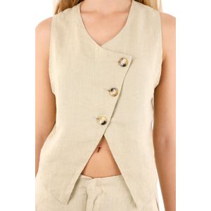 Chaleco en 100% lino con escote curvo café para mujer