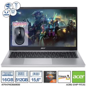 Computador Acer A315-24P-R7JS AMD Ryzen 5-7520U Ram 16GB - 512GB FHD 15,6