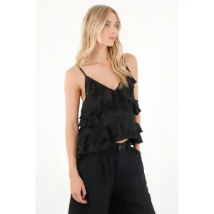 Camisa en tela bordada con boleros negra para mujer