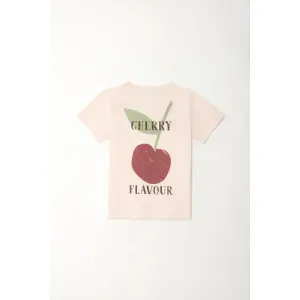 Camiseta básica con estampado cerezas rosada para niña