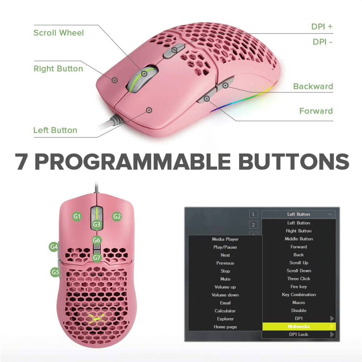 Mouse Gamer Delux M700A Honeycomb RGB, 7 Botones, 7200 dpi Rosado - Agaval