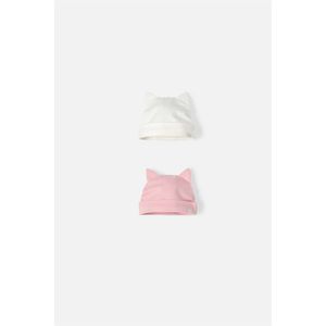 Dúo de gorros marfil y rosa con orejitas para bebé niña
