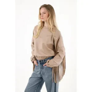 Buzo en cuero sintético con flecos café para mujer