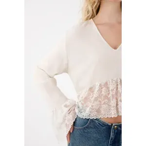 Camisa manga larga de tela con textura gris para mujer