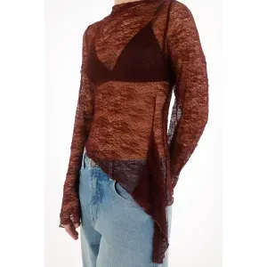 Camiseta manga larga en tela tipo blonda roja para mujer