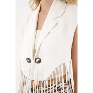 Chaleco corto con flecos crudo para mujer