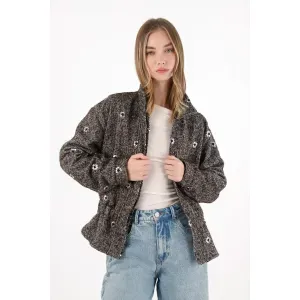 Chaqueta con efecto brillante y lentejuelas café para mujer