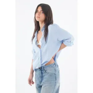 Camisa para mujer lino azul fit relajado con botones