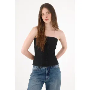 Camisa en denim negra strapless para mujer