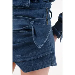 Falda corta para mujer en algodón índigo cruzada con cinturón