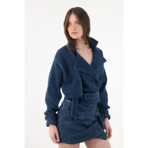 Falda corta para mujer en algodón índigo cruzada con cinturón