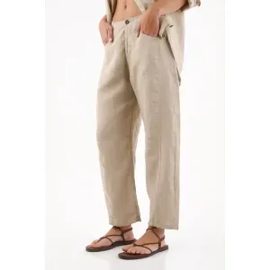Pantalón mujer en lino arena pierna ancha minimalista