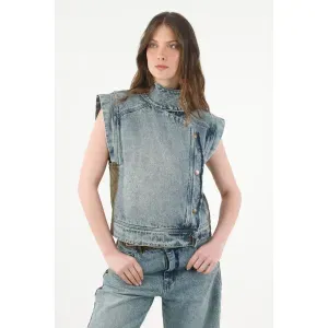 Chaleco para mujer algodón azul lavado fit recto cierre lateral