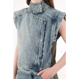 Chaleco para mujer algodón azul lavado fit recto cierre lateral