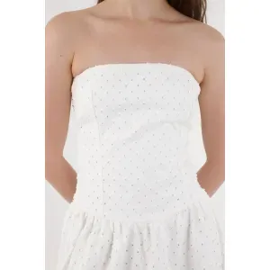 Vestido para mujer algodón blanco midi sin tirantes con ojalillo