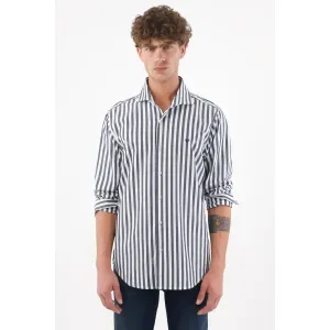 Camisa para hombre algodón azul a rayas corte recto preteñida