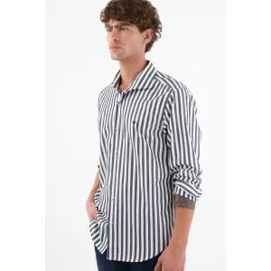 Camisa para hombre algodón azul a rayas corte recto preteñida