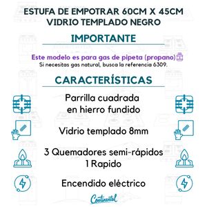 Estufa De Empotrar Vidrio Templado Negro (60x45) Cm Gas Propano 6316