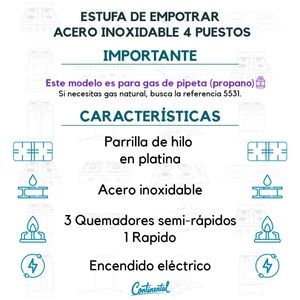 Estufa de Empotrar Acero Inoxidable 5524 Gas Propano