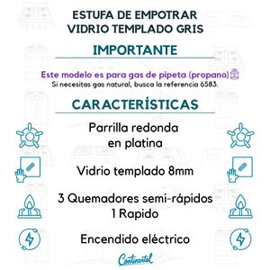 Estufa De Empotrar Vidrio Templado Gris (62x52) Cm Gas Propano 6606