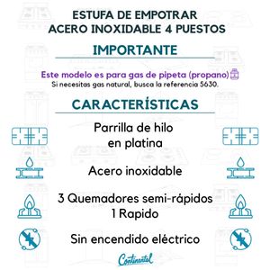 Estufa de Empotrar Acero Inoxidable 5678 Gas Propano