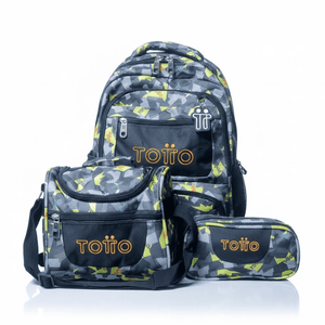 Combo Escolar Totto (Maleta+Cartuchera+Lonchera) Diseño Camuflado Neón