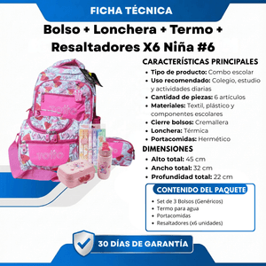 Bolso + Lonchera + Termo + Resaltadores X6 Niña Combo #6