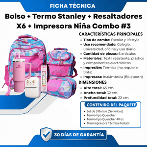 Bolso + Termo Stanley + Resaltadores X6 + Impresora Niña Combo #3