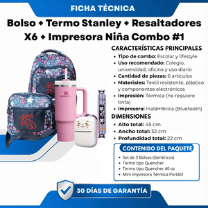 Bolso + Termo Stanley + Resaltadores X6 + Impresora Niña Combo #1